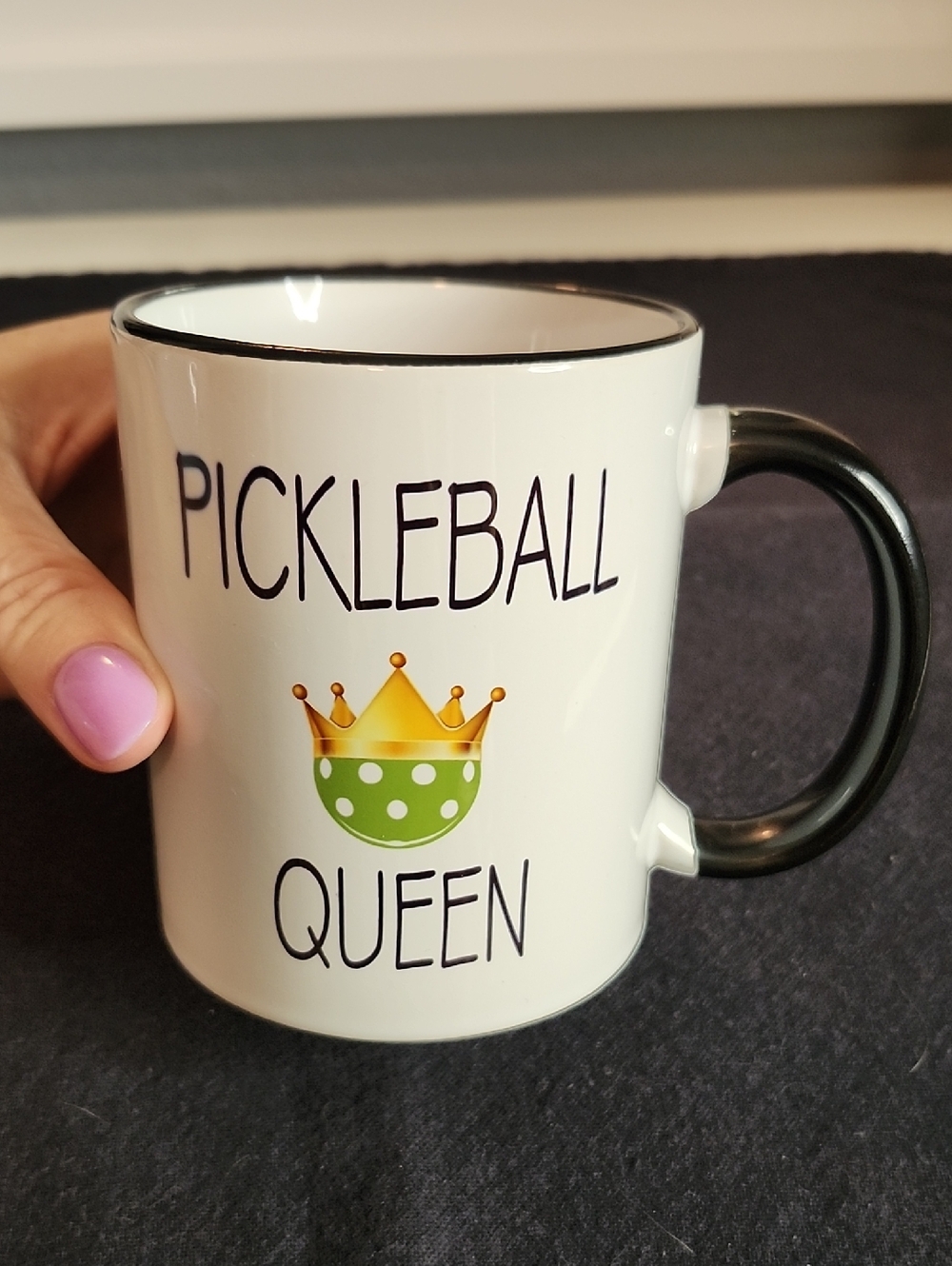 Pickleball Queen Ceramic Mug — White Body with Black Handle